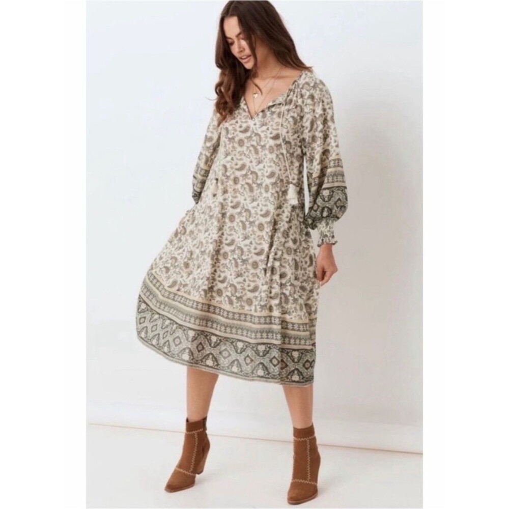 SPELL Boho Balloon Sleeve Brown Ash Paisley Print Journey Midi Dress